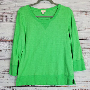 J.Crew Vibrant Neon Kelly Green Cotton Top Size M 3/4 Sleeve Scoop Neck Pullover